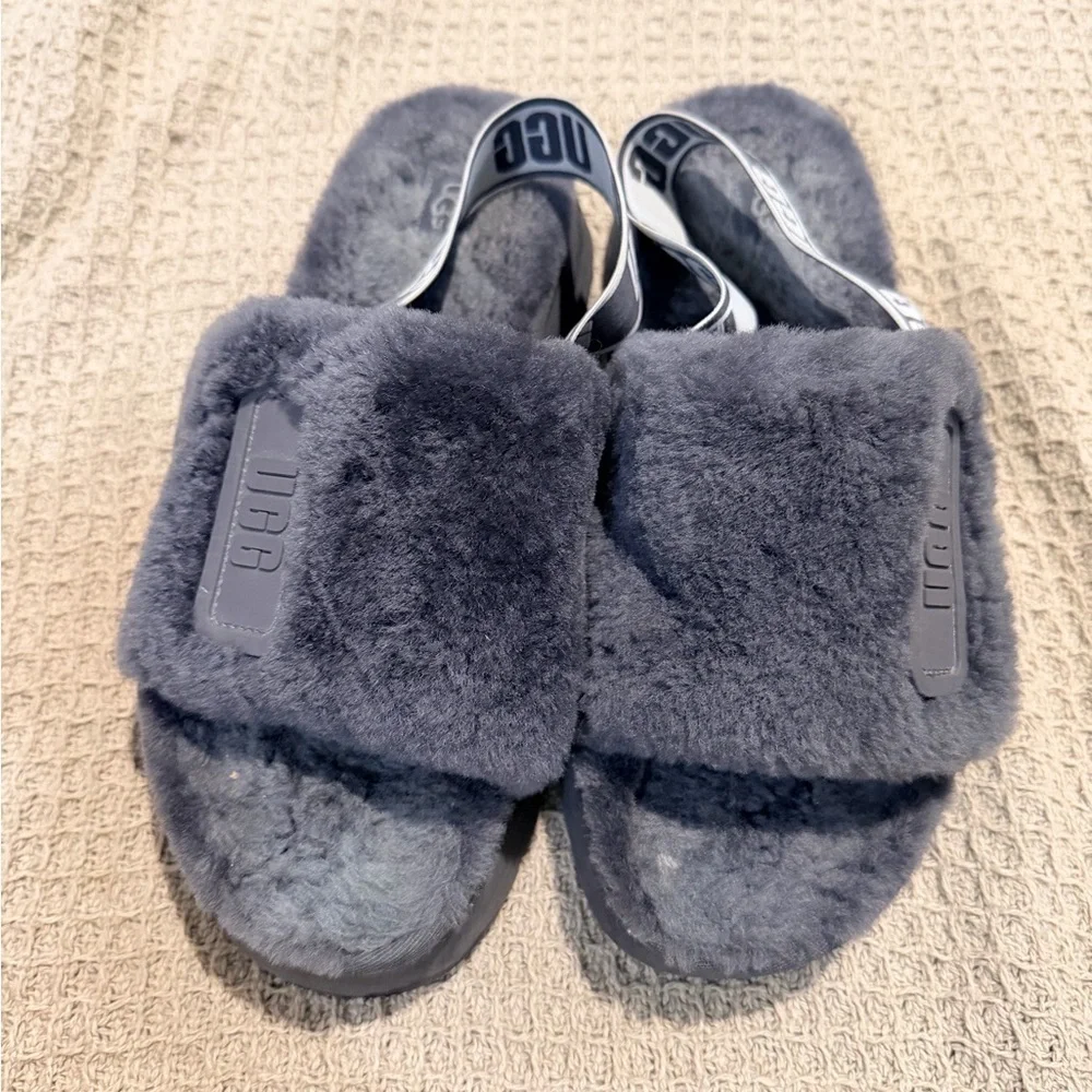 UGG FLUFF YEAH DISCO SLIDE DARK GREY GRAY SANDAL US 11